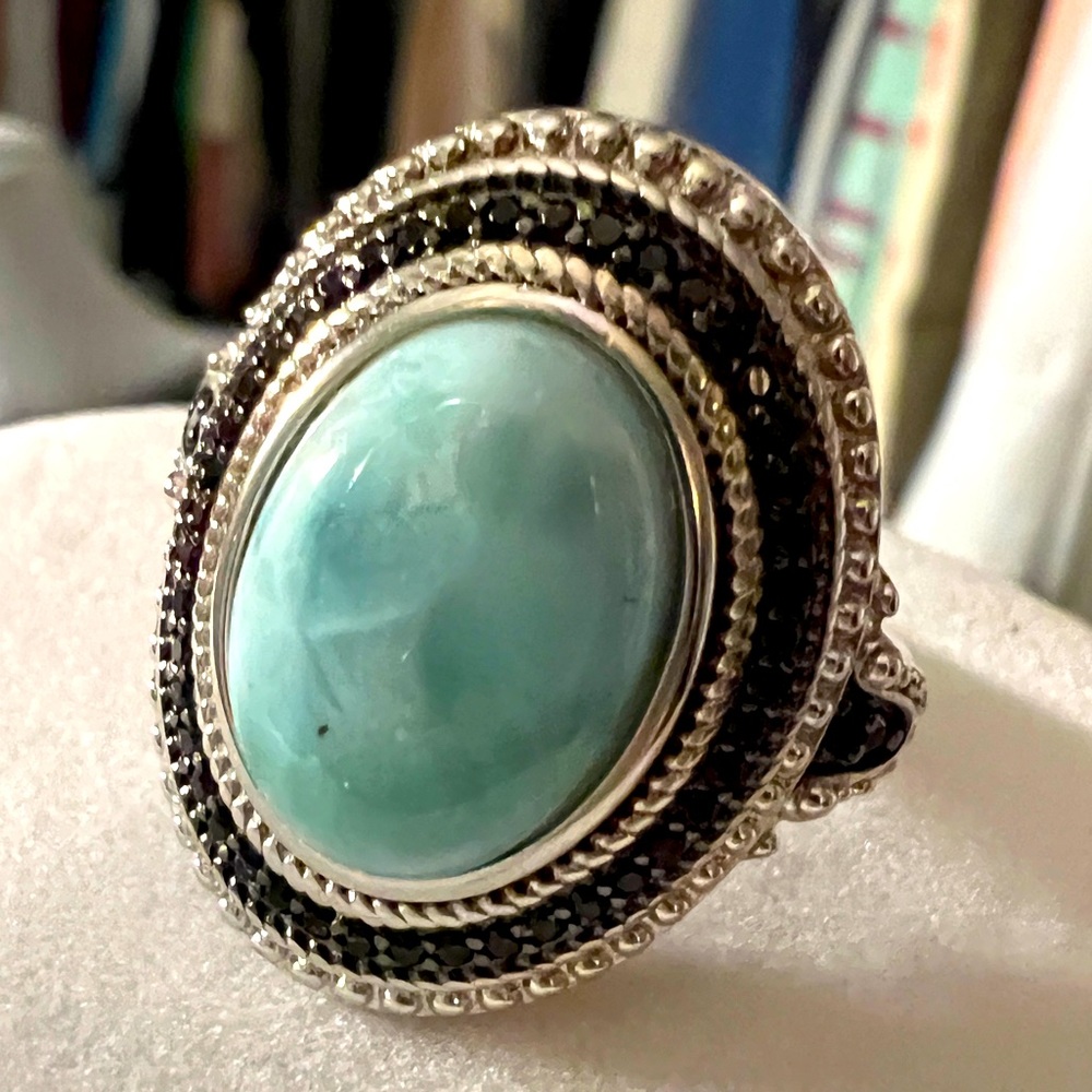 Larimar and black spinel ring